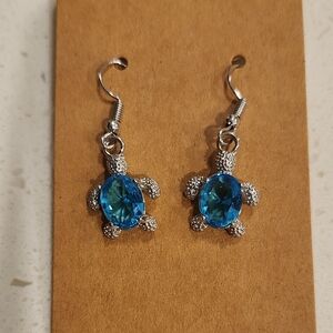 Silver Turtle Earrings with Blue Gemstones
